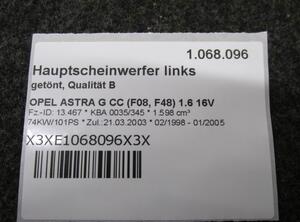 Hauptscheinwerfer links getönt  Qualität B OPEL ASTRA G CC (F08  F48) 1.6 16V 74 KW