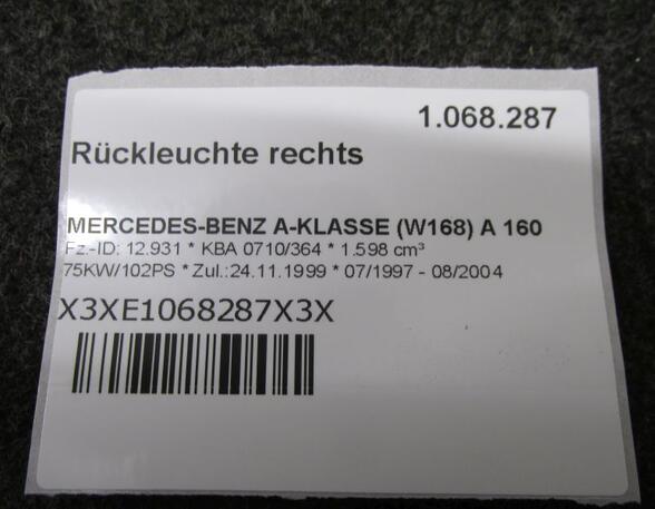 Rückleuchte rechts bis 12/00 MERCEDES-BENZ A-KLASSE (W168) A 160 75 KW