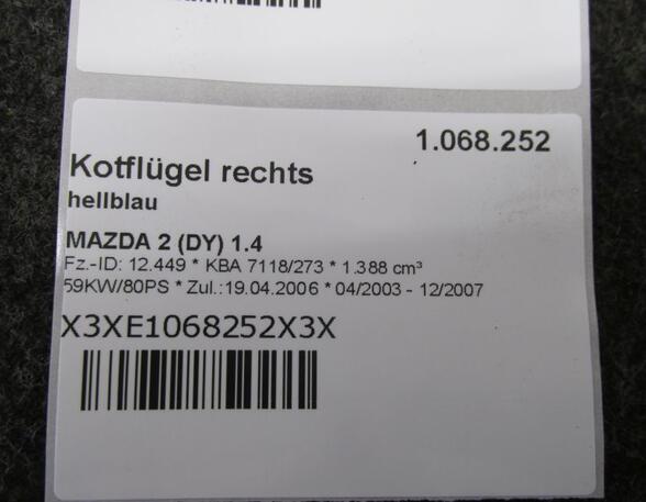 Kotflügel rechts hellblau MAZDA 2 (DY) 1.4 59 KW