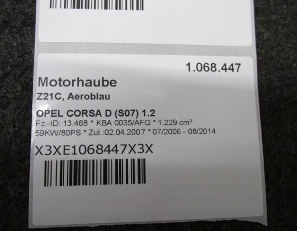 Motorhaube Z21C  Aeroblau OPEL CORSA D (S07) 1.2 59 KW